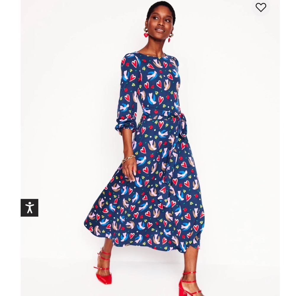 Boden Leandra Navy Blue Bird Dove Heart Print Long Sleeve Midi Dress Tie Waist 8 - Picture 2 of 13